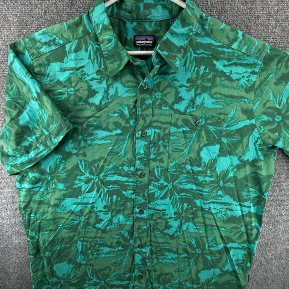 Patagonia Other - Patagonia Organic Cotton Blend Floral Green Blue Button Up Shirt Hawaiian Go To